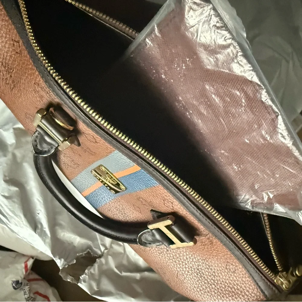 MCM Brown Coated Canvas Satchel with Blue and Orange Stripe